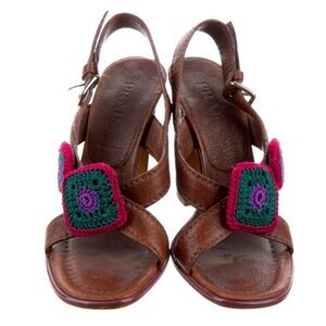 🔅 PRADA Classic VTG Leather Slingback Sandals Brown & Pink Crochet Accents🔅